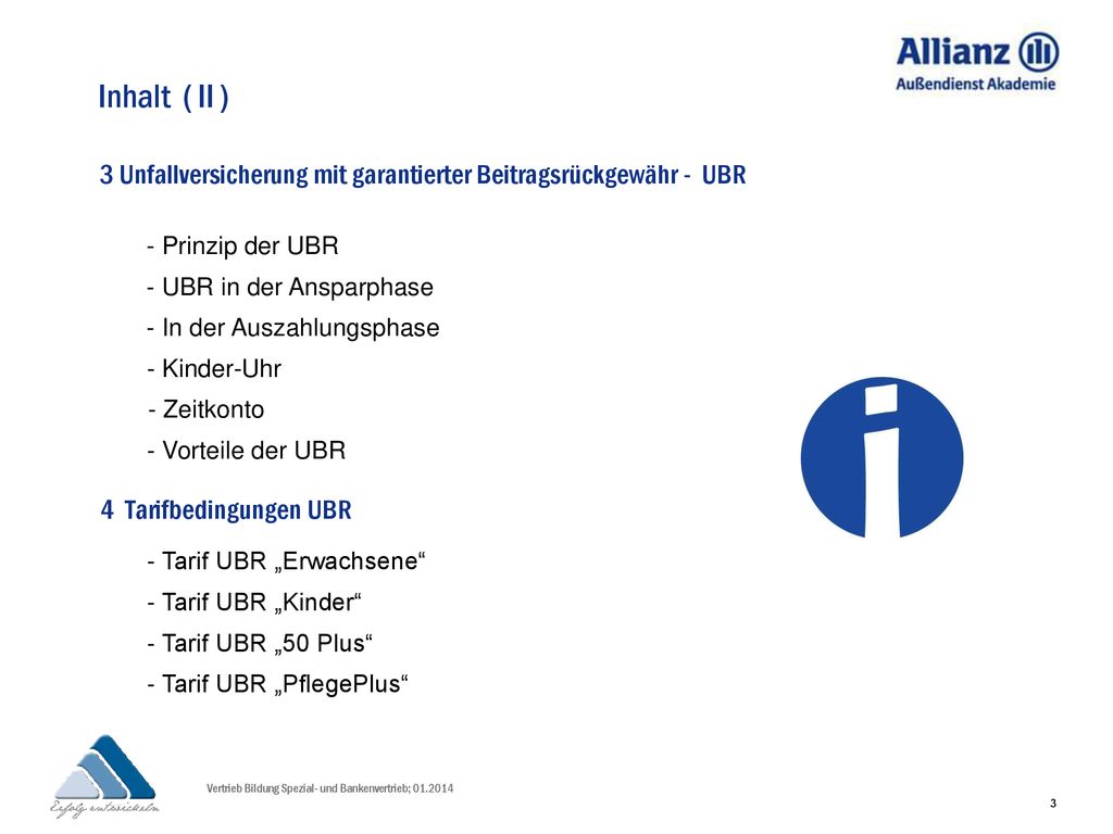 Inhalt ( II ) 3 Unfallversicherung mit garantierter Beitragsrückgewähr - UBR. - Prinzip der UBR.