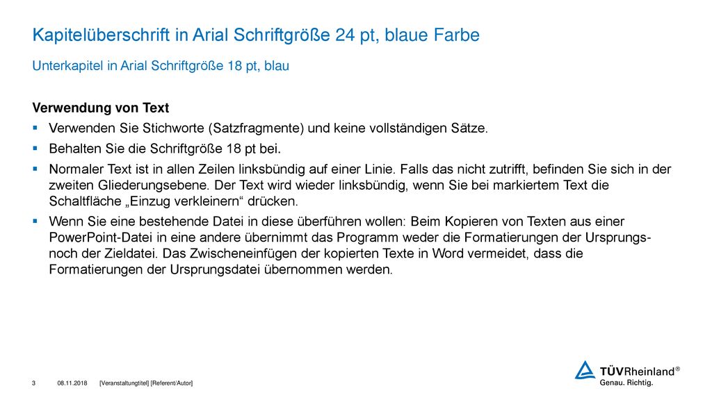 Kapitelüberschrift in Arial Schriftgröße 24 pt, blaue Farbe