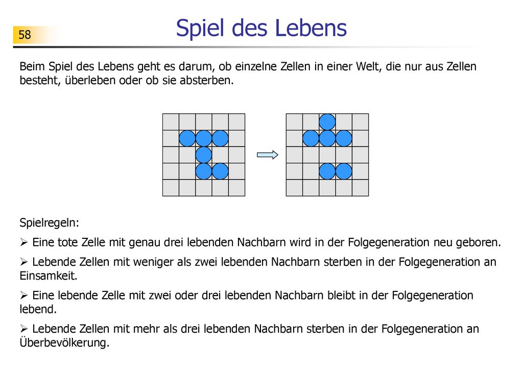 Spiel des Lebens Beim Spiel des Lebens geht es darum, ob einzelne Zellen in einer Welt, die nur aus Zellen besteht, überleben oder ob sie absterben.