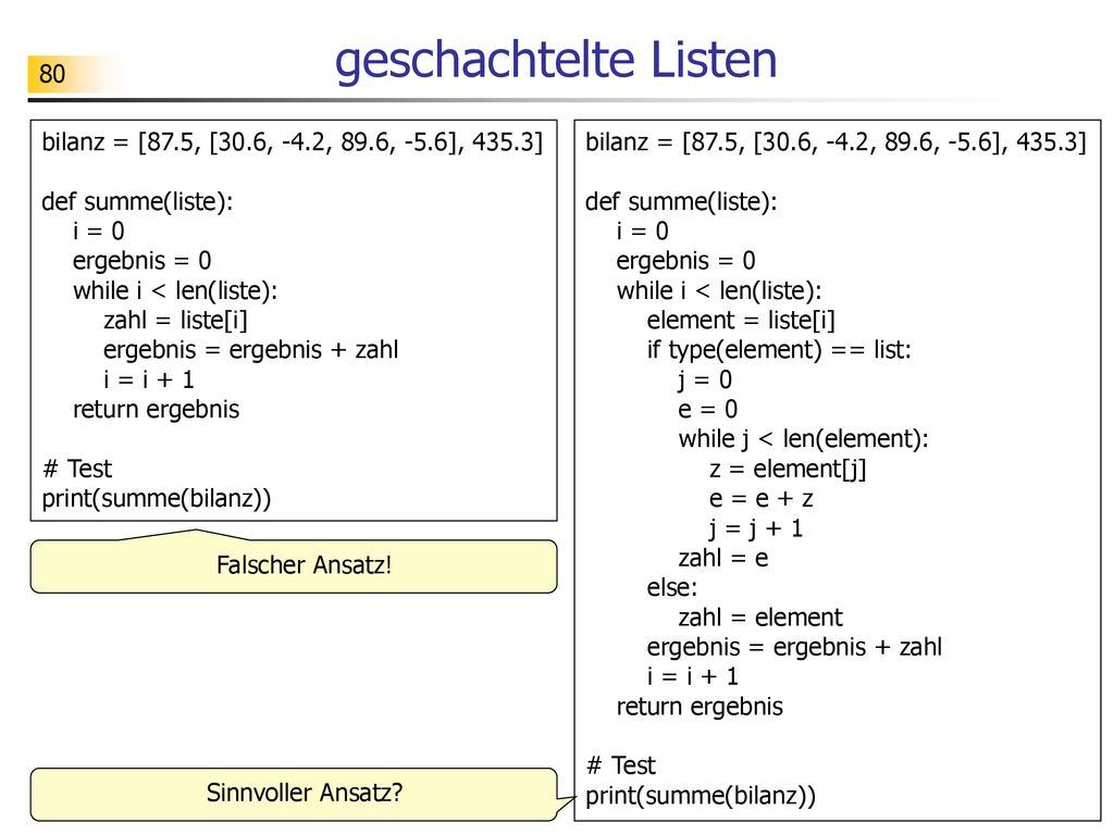 geschachtelte Listen bilanz = [87.5, [30.6, -4.2, 89.6, -5.6], 435.3]