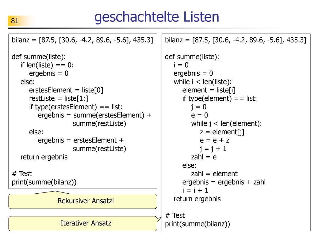 geschachtelte Listen bilanz = [87.5, [30.6, -4.2, 89.6, -5.6], 435.3]