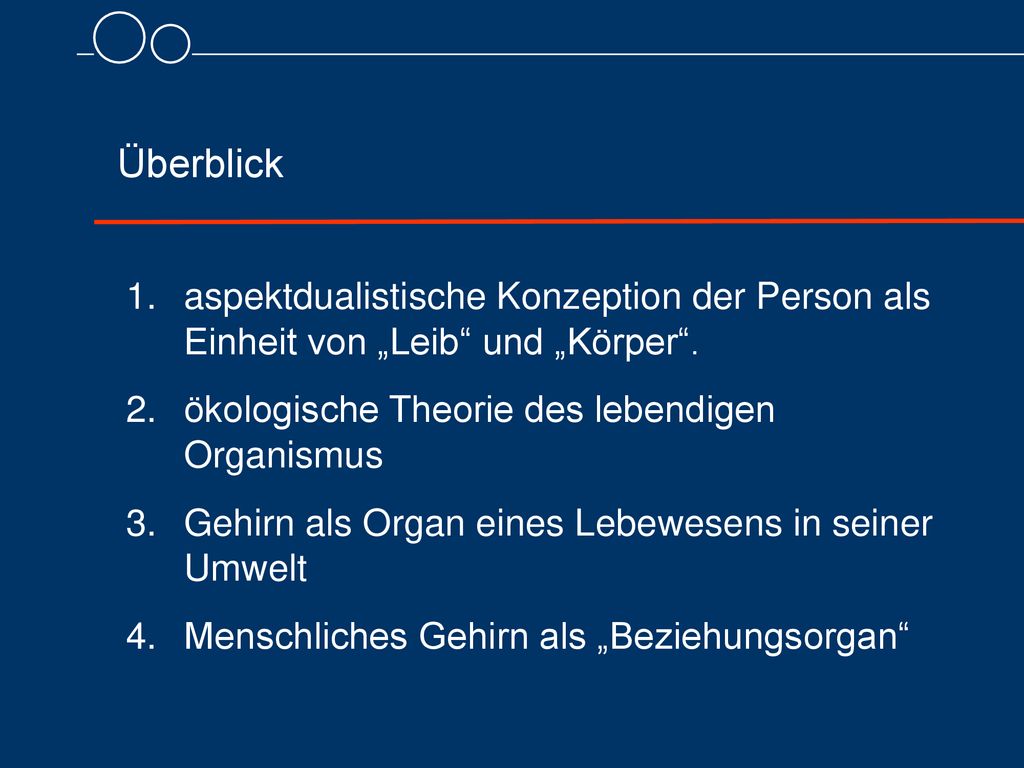 Überblick aspektdualistische Konzeption der Person als Einheit von „Leib und „Körper . ökologische Theorie des lebendigen Organismus.