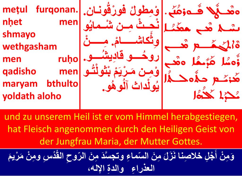 meṭul furqonan. nḥet men shmayo wethgasham men ruḥo qadisho men maryam bthulto yoldath aloho