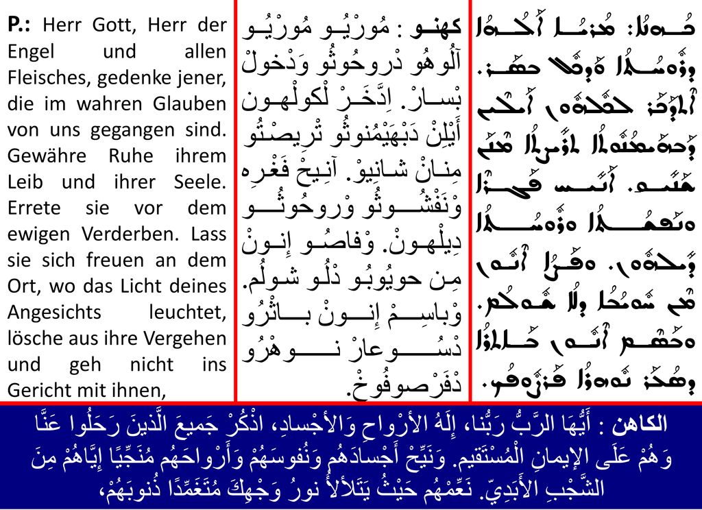 P.: Herr Gott, Herr der Engel und allen Fleisches, gedenke jener, die im wahren Glauben von uns gegangen sind. Gewähre Ruhe ihrem Leib und ihrer Seele. Errete sie vor dem ewigen Verderben. Lass sie sich freuen an dem Ort, wo das Licht deines Angesichts leuchtet, lösche aus ihre Vergehen und geh nicht ins Gericht mit ihnen,