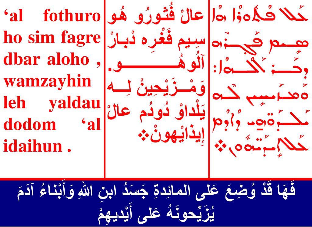 ‘al fothuro ho sim fagre dbar aloho , wamzayhin leh yaldau dodom ‘al idaihun .
