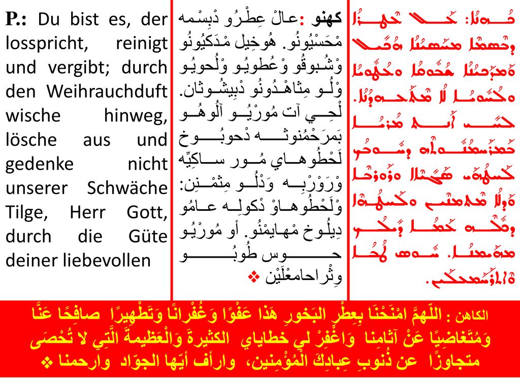 P.: Du bist es, der losspricht, reinigt und vergibt; durch den Weihrauchduft wische hinweg, lösche aus und gedenke nicht unserer Schwäche Tilge, Herr Gott, durch die Güte deiner liebevollen