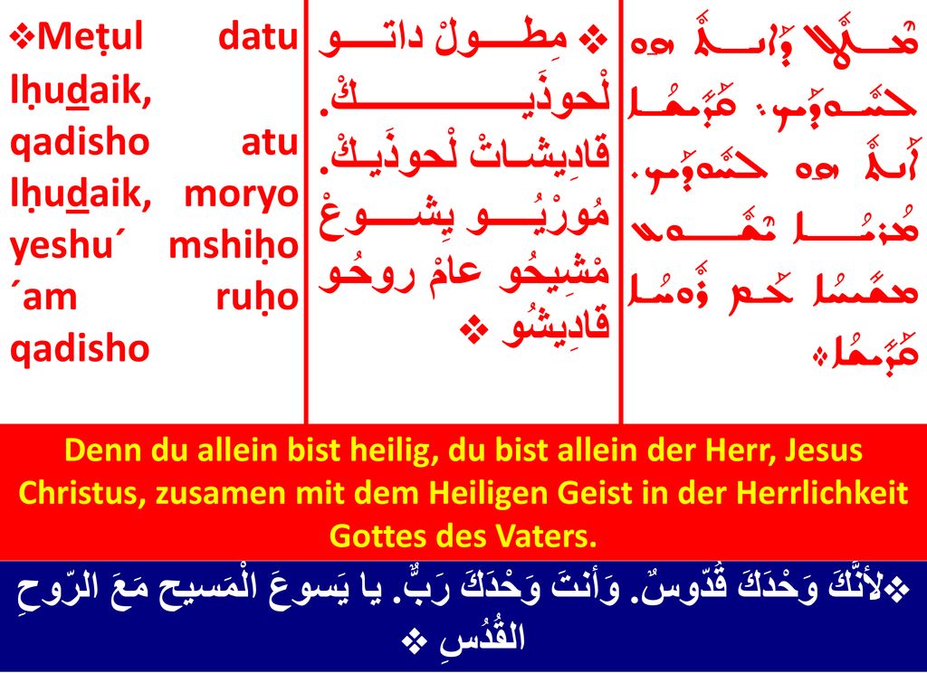 ÷Meṭul datu lḥudaik, qadisho atu lḥudaik, moryo yeshu´ mshiḥo ´am ruḥo qadisho