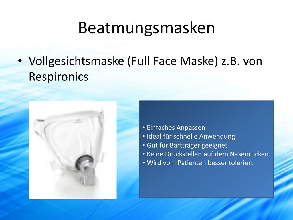 Beatmungsmasken Vollgesichtsmaske (Full Face Maske) z.B. von Respironics. Einfaches Anpassen. Ideal für schnelle Anwendung.
