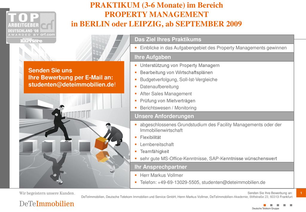 PRAKTIKUM (3-6 Monate) im Bereich PROPERTY MANAGEMENT in BERLIN oder LEIPZIG, ab SEPTEMBER 2009