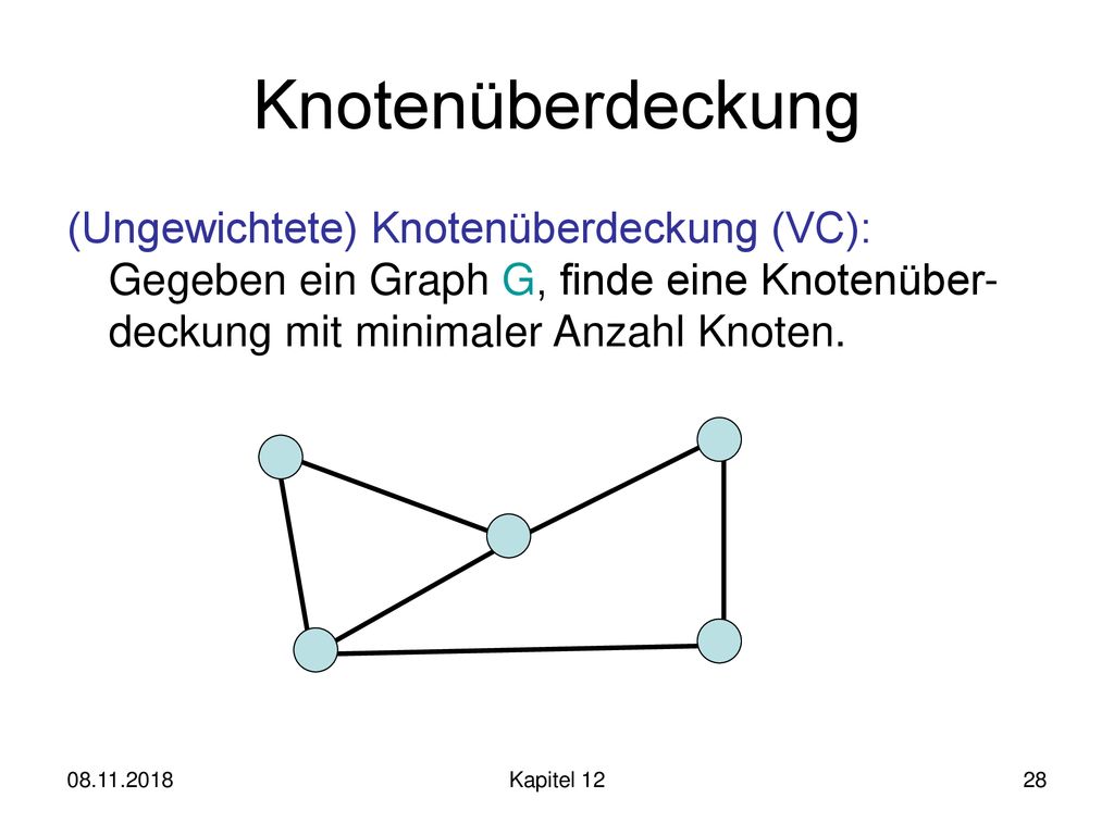 Knotenüberdeckung (Ungewichtete) Knotenüberdeckung (VC): Gegeben ein Graph G, finde eine Knotenüber-deckung mit minimaler Anzahl Knoten.