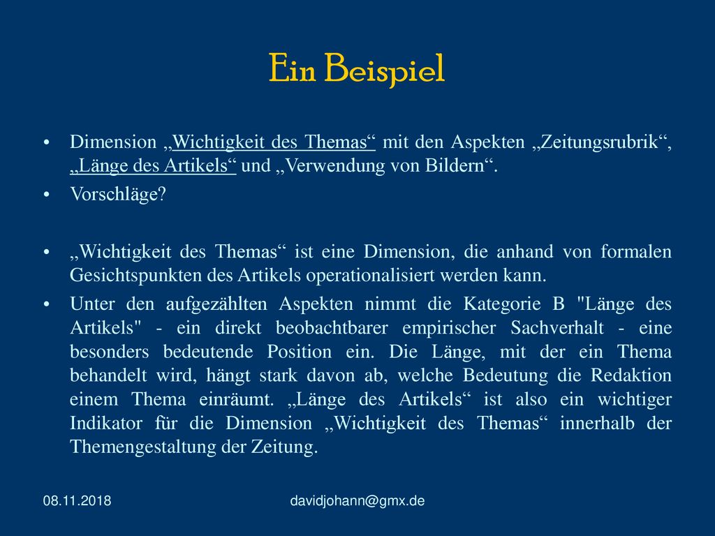 Ein Beispiel Dimension „Wichtigkeit des Themas mit den Aspekten „Zeitungsrubrik , „Länge des Artikels und „Verwendung von Bildern .