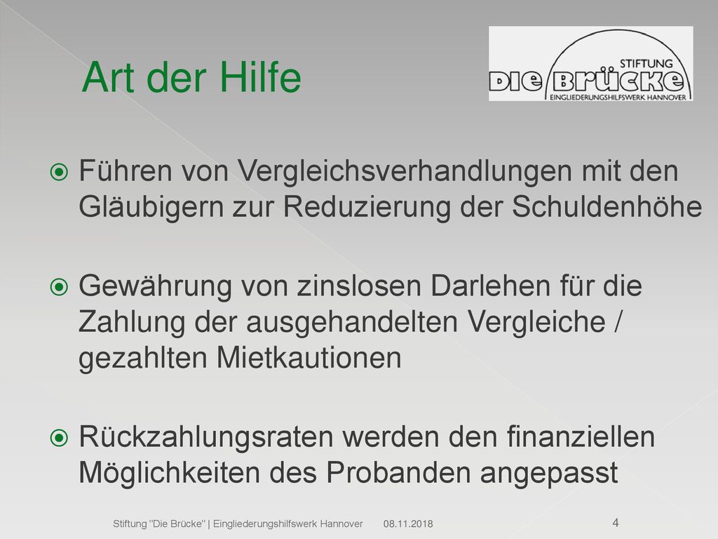 Art der Hilfe Führen von Vergleichsverhandlungen mit den Gläubigern zur Reduzierung der Schuldenhöhe.