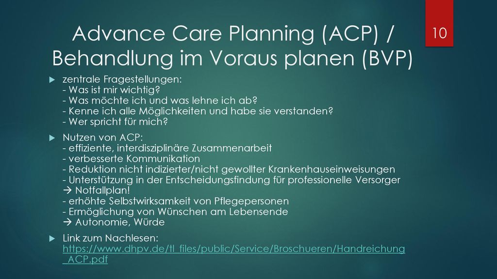 Advance Care Planning (ACP) / Behandlung im Voraus planen (BVP)