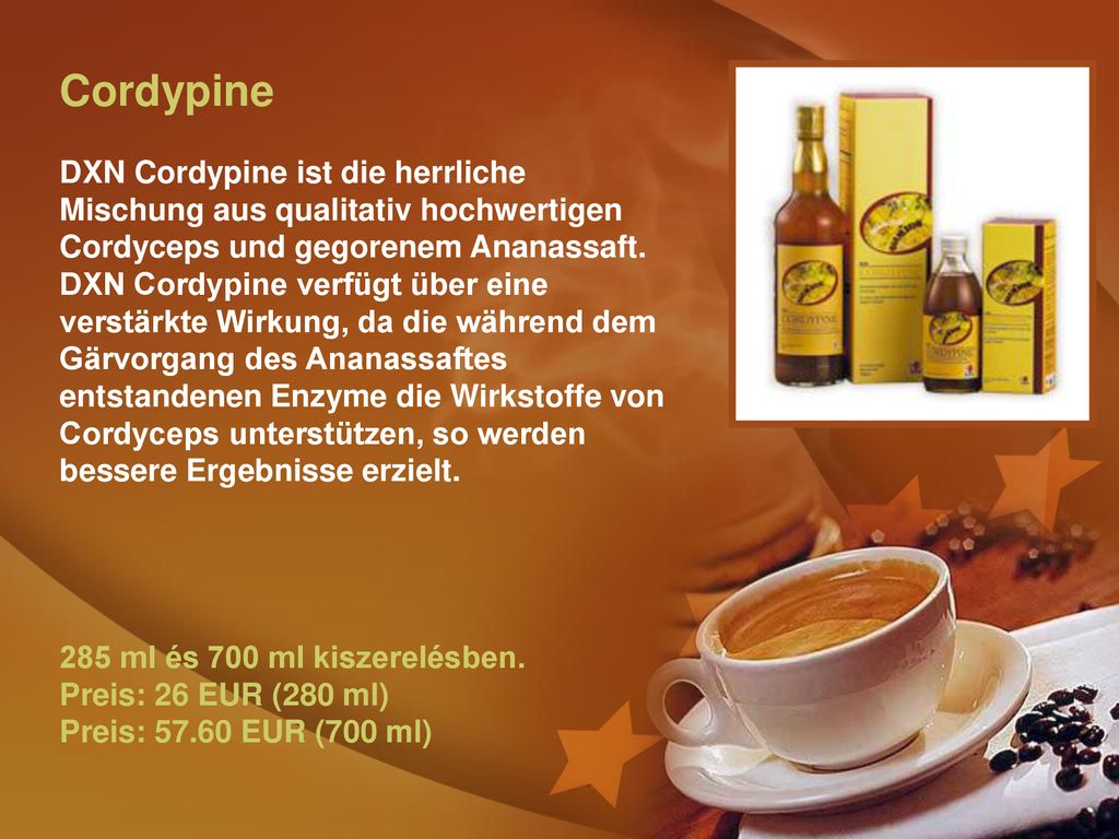 Cordypine DXN Cordypine ist die herrliche Mischung aus qualitativ hochwertigen Cordyceps und gegorenem Ananassaft.