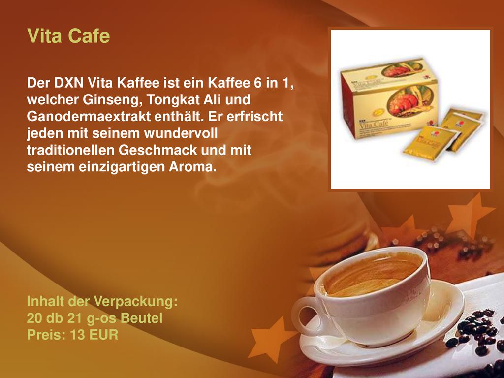 Vita Cafe Der DXN Vita Kaffee ist ein Kaffee 6 in 1, welcher Ginseng, Tongkat Ali und Ganodermaextrakt enthält.