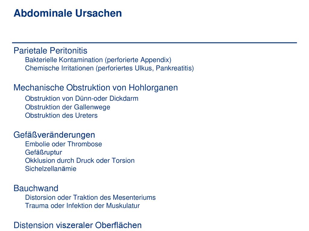 Abdominale Ursachen Parietale Peritonitis Bakterielle Kontamination (perforierte Appendix) Chemische Irritationen (perforiertes Ulkus, Pankreatitis)
