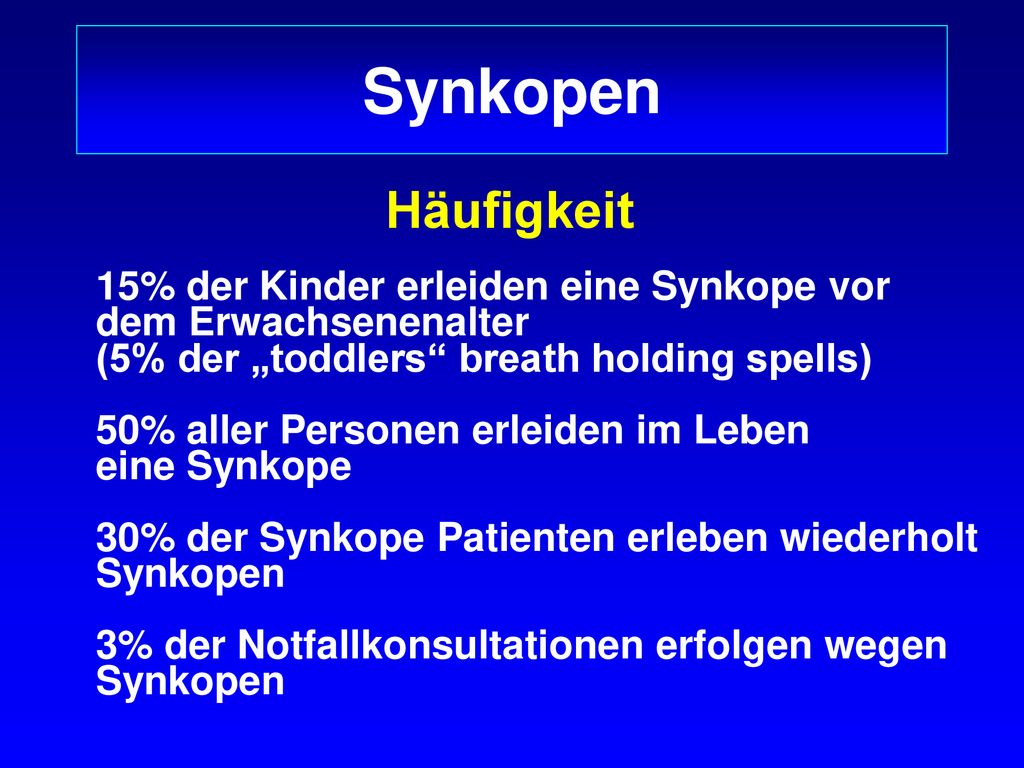 Synkopen Häufigkeit 15% der Kinder erleiden eine Synkope vor