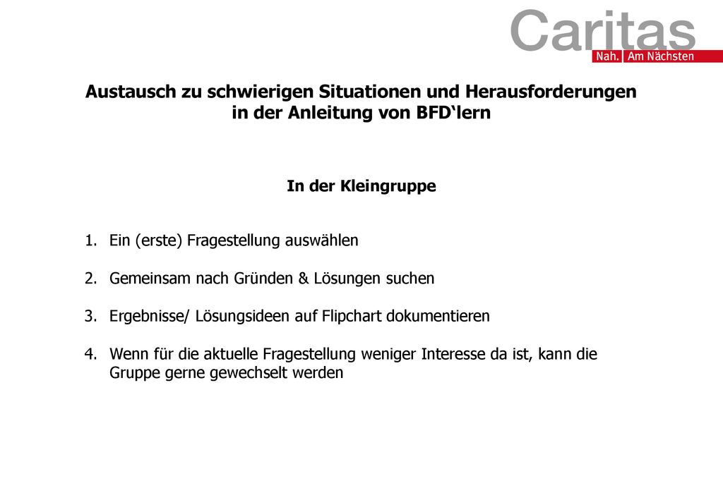 Austausch zu schwierigen Situationen und Herausforderungen in der Anleitung von BFD‘lern