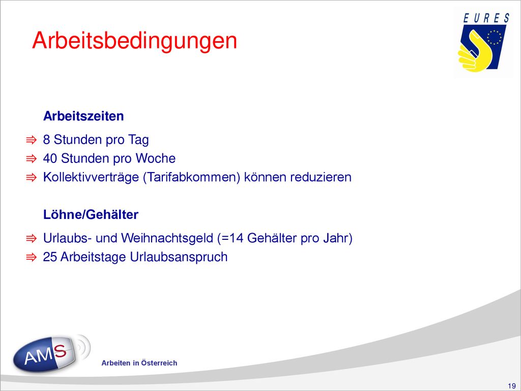 Arbeitsbedingungen 8 Stunden pro Tag 40 Stunden pro Woche