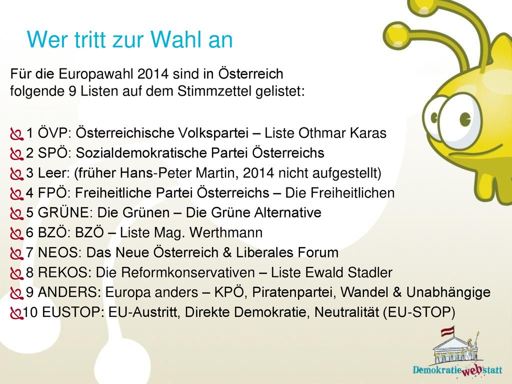 Wer tritt zur Wahl an Für die Europawahl 2014 sind in Österreich folgende 9 Listen auf dem Stimmzettel gelistet: