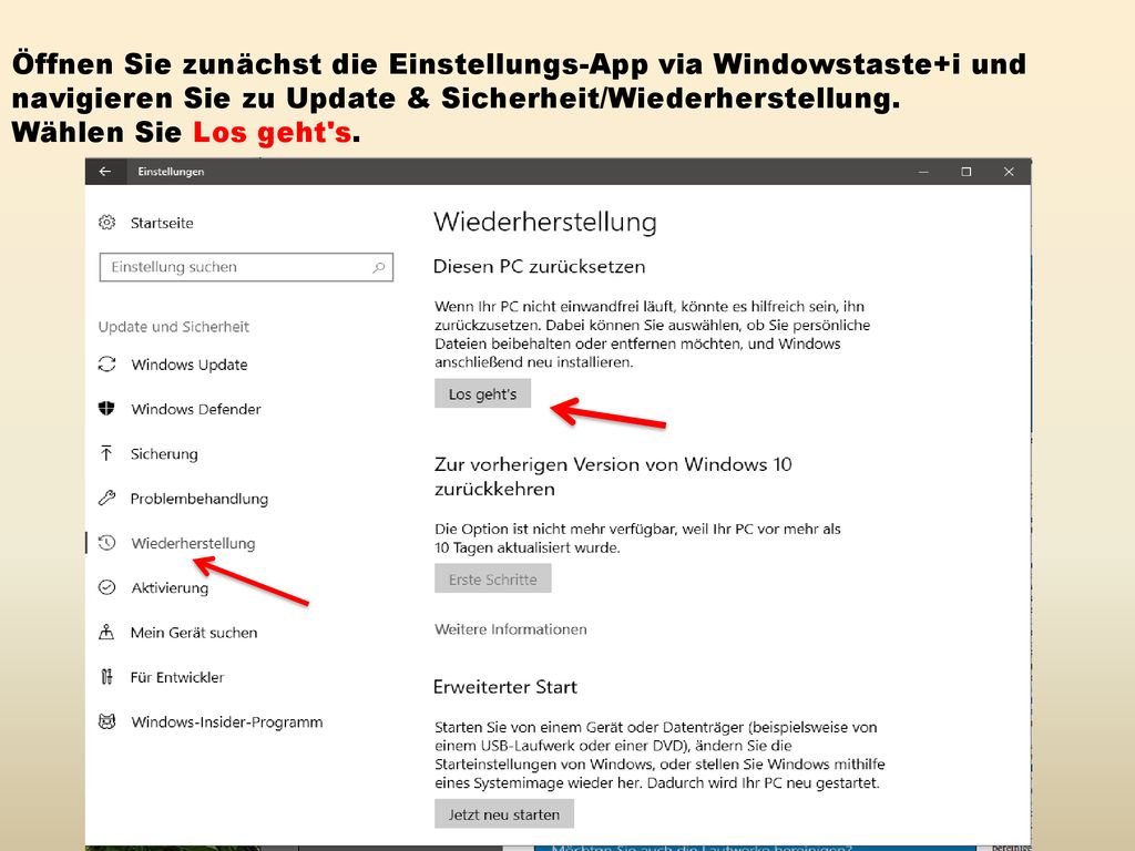 Öffnen Sie zunächst die Einstellungs-App via Windowstaste+i und navigieren Sie zu Update & Sicherheit/Wiederherstellung.