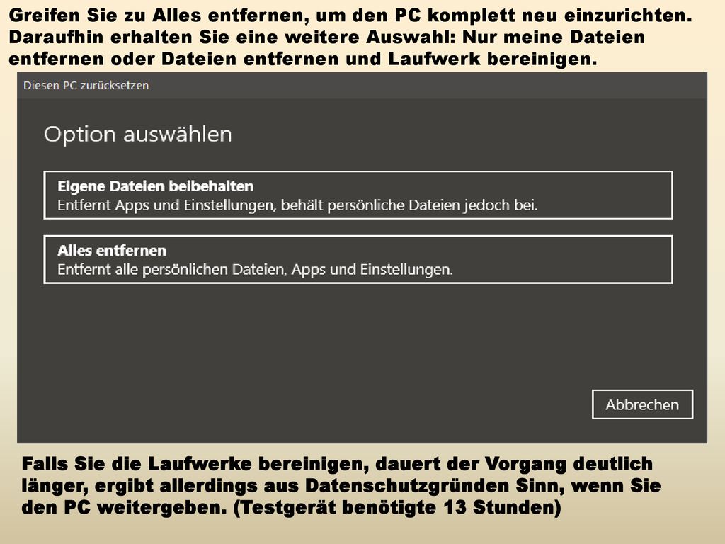 Greifen Sie zu Alles entfernen, um den PC komplett neu einzurichten.
