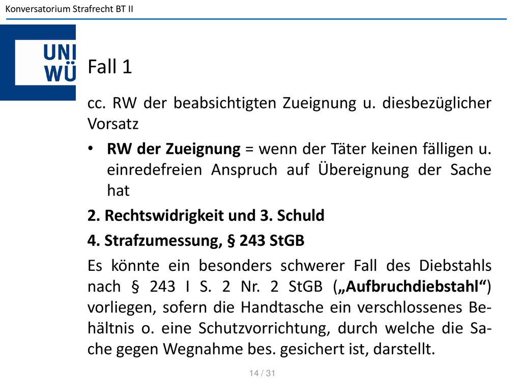 Fall 1 cc. RW der beabsichtigten Zueignung u. diesbezüglicher Vorsatz
