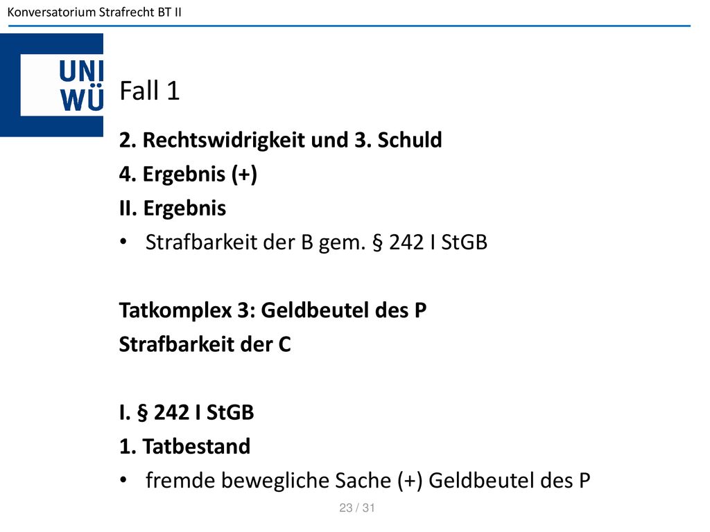 Fall 1 2. Rechtswidrigkeit und 3. Schuld 4. Ergebnis (+) II. Ergebnis