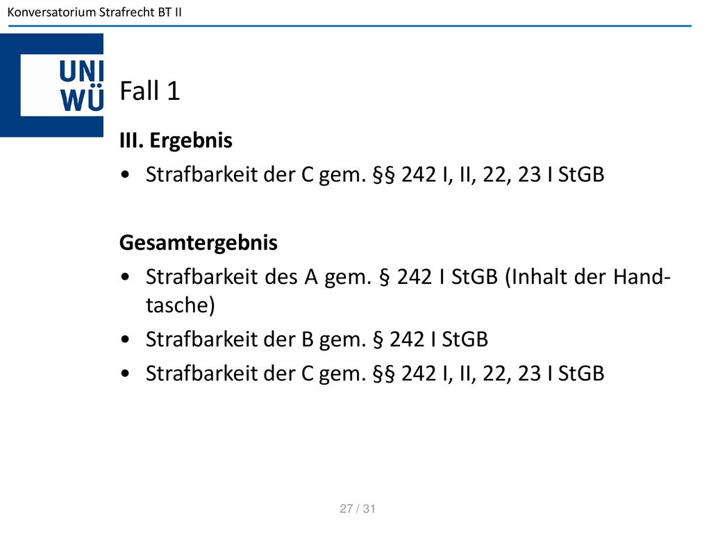 Fall 1 III. Ergebnis. Strafbarkeit der C gem. §§ 242 I, II, 22, 23 I StGB. Gesamtergebnis.