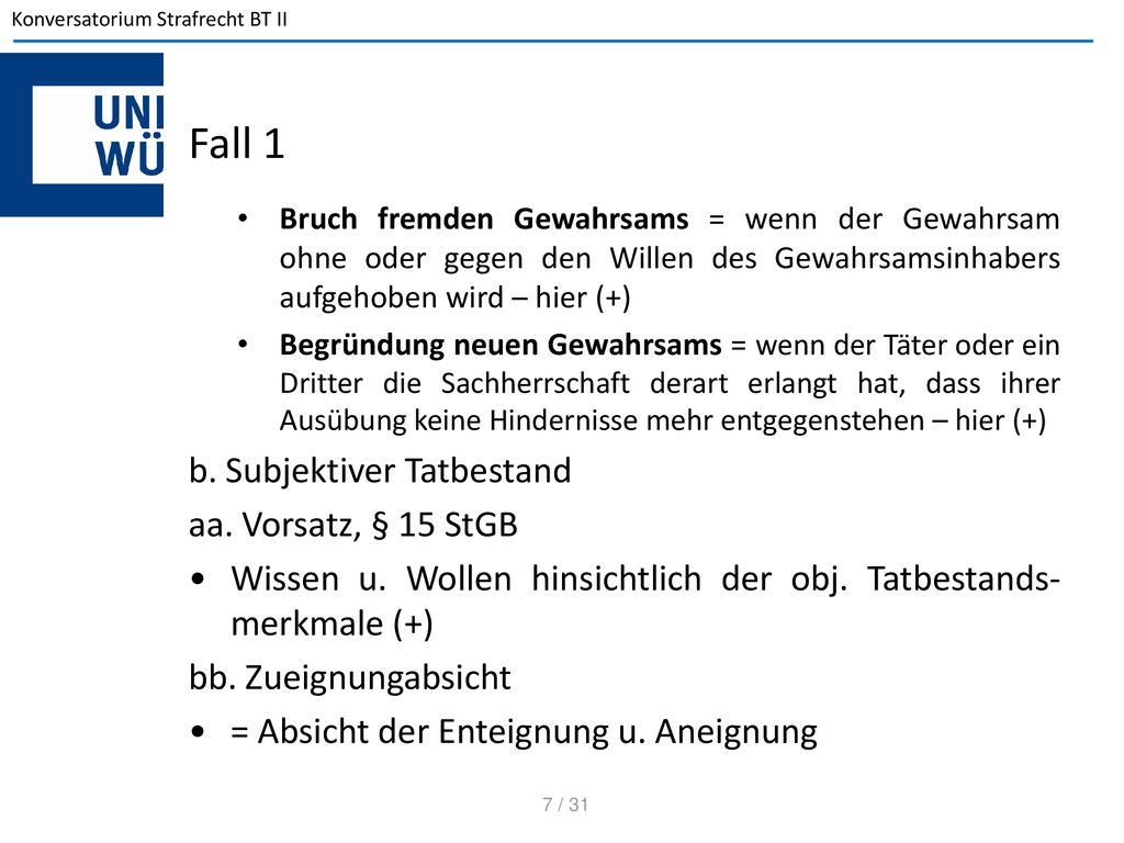 Fall 1 b. Subjektiver Tatbestand aa. Vorsatz, § 15 StGB