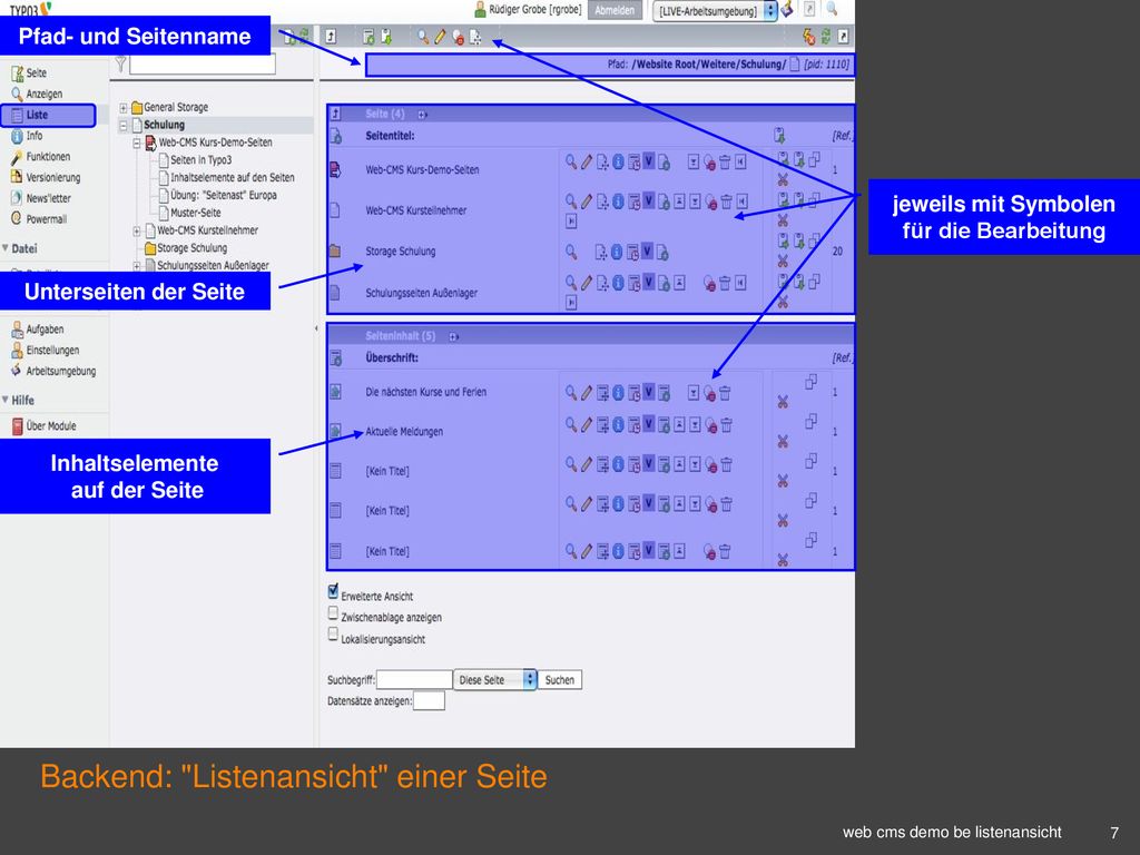 web cms demo be listenansicht