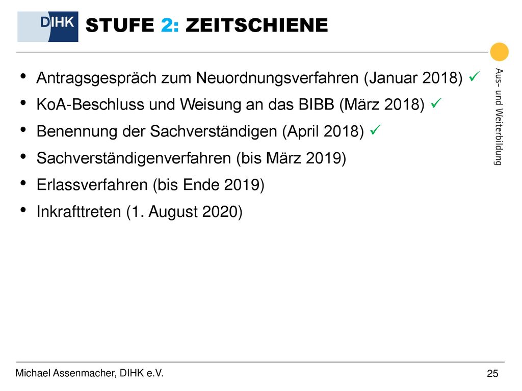 STUFE 2: ZEITSCHIENE Antragsgespräch zum Neuordnungsverfahren (Januar 2018)  KoA-Beschluss und Weisung an das BIBB (März 2018) 