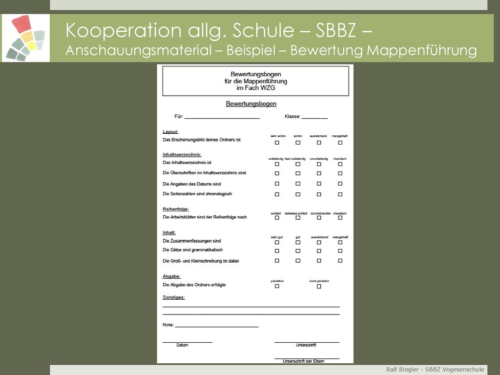 Kooperation allg. Schule – SBBZ – Anschauungsmaterial – Beispiel – Bewertung Mappenführung