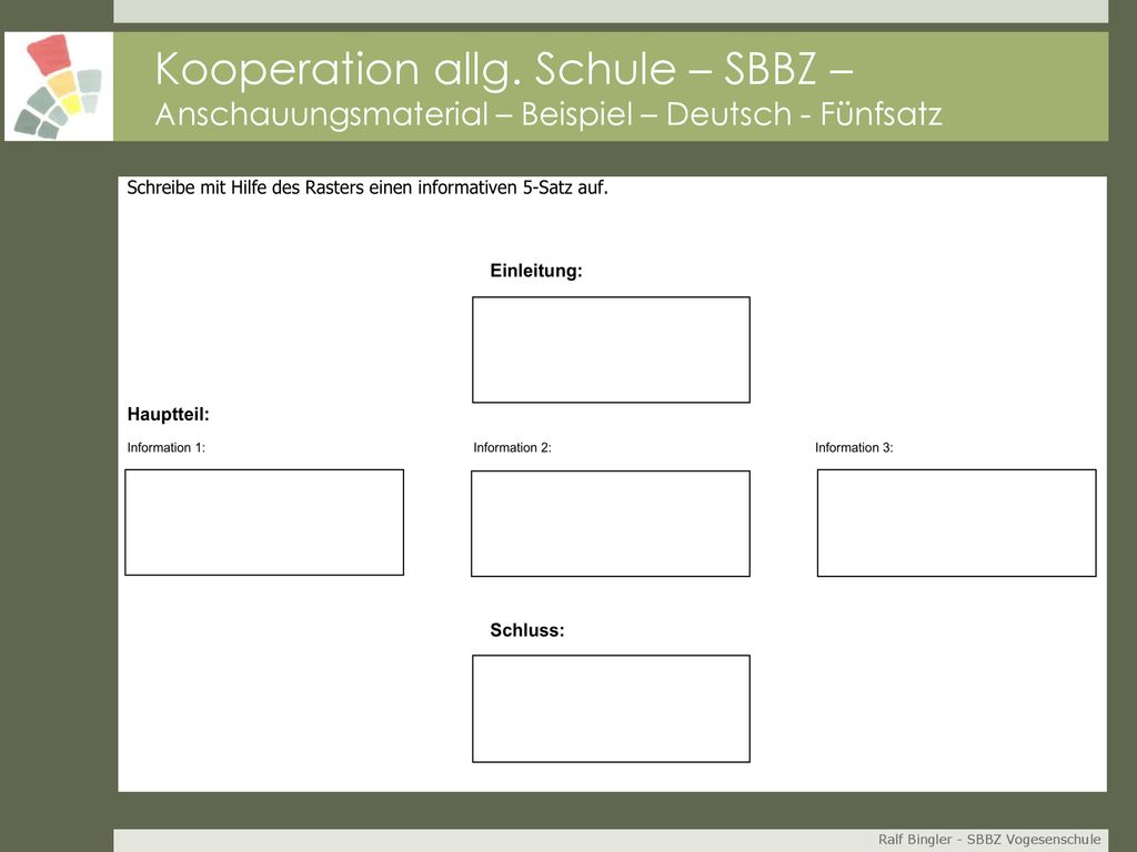 Kooperation allg. Schule – SBBZ – Anschauungsmaterial – Beispiel – Deutsch - Fünfsatz
