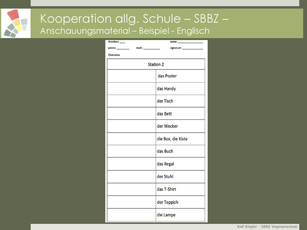 Kooperation allg. Schule – SBBZ – Anschauungsmaterial – Beispiel - Englisch
