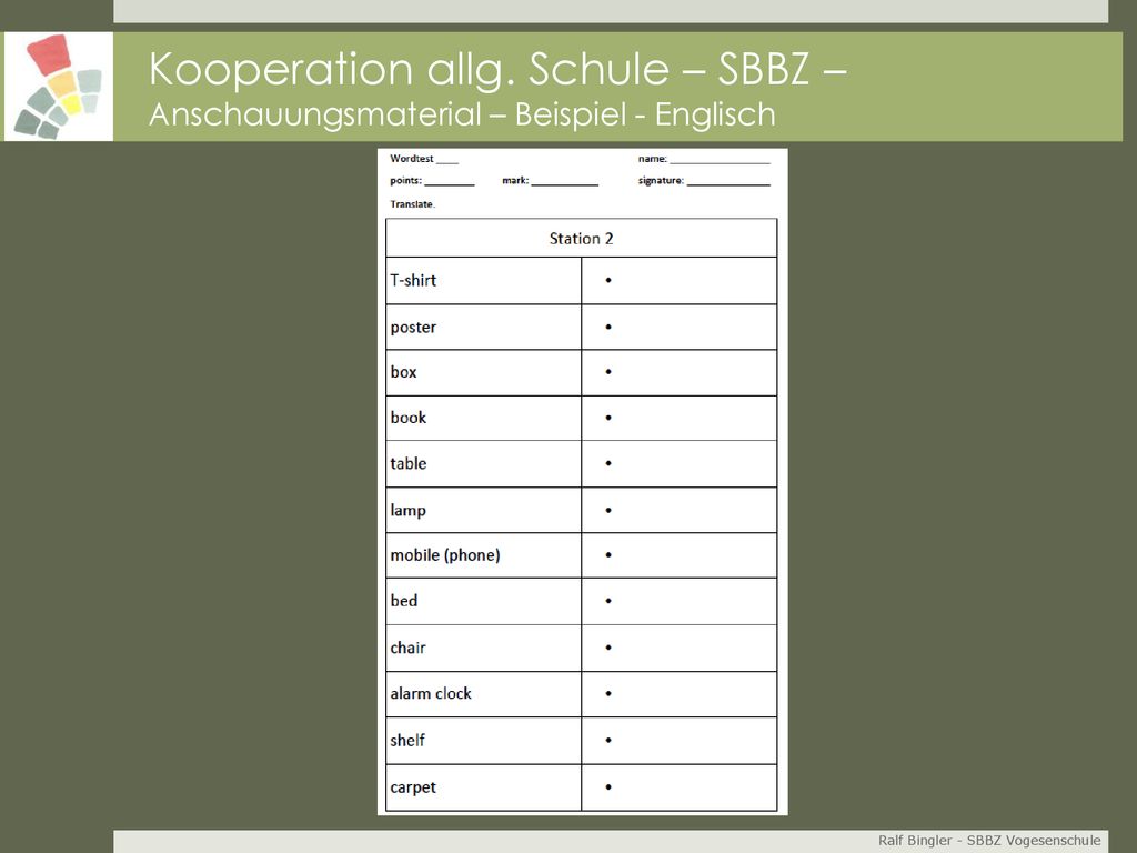 Kooperation allg. Schule – SBBZ – Anschauungsmaterial – Beispiel - Englisch