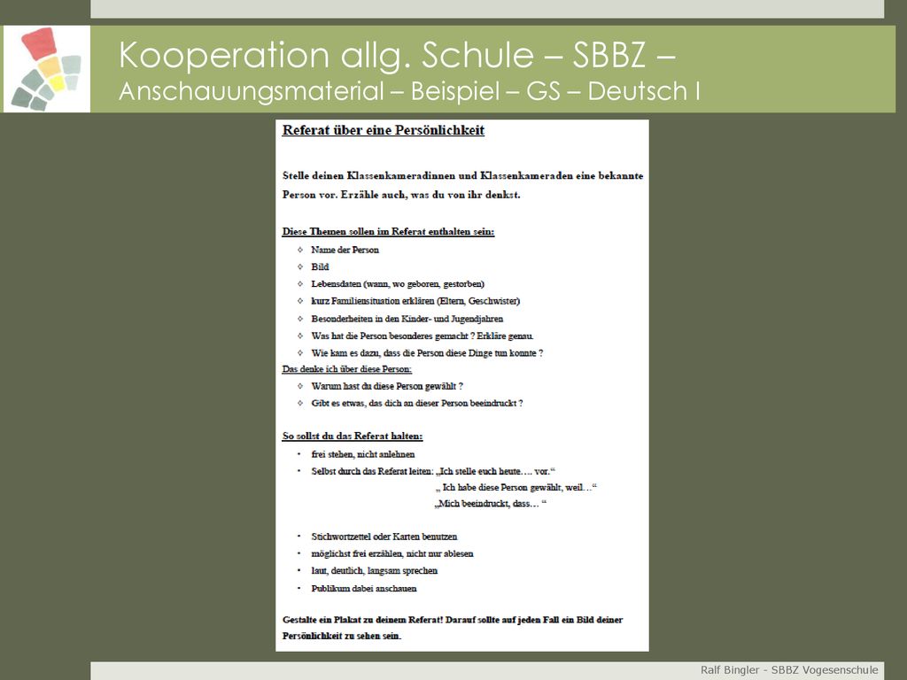Kooperation allg. Schule – SBBZ – Anschauungsmaterial – Beispiel – GS – Deutsch I