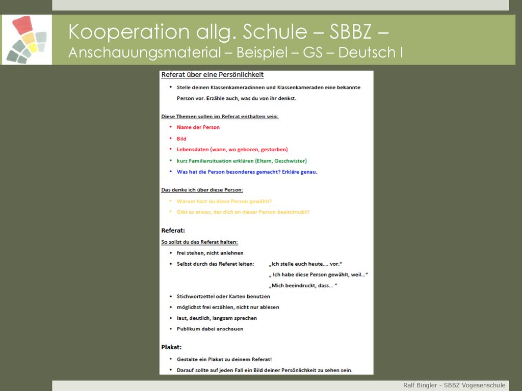 Kooperation allg. Schule – SBBZ – Anschauungsmaterial – Beispiel – GS – Deutsch I