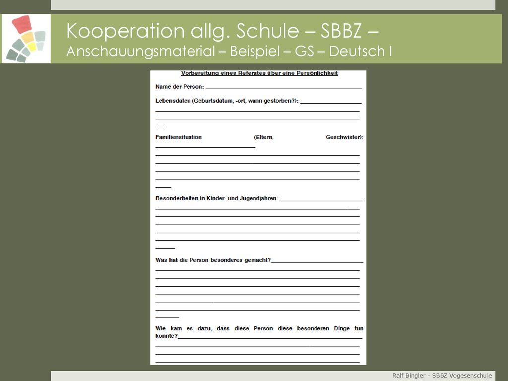 Kooperation allg. Schule – SBBZ – Anschauungsmaterial – Beispiel – GS – Deutsch I