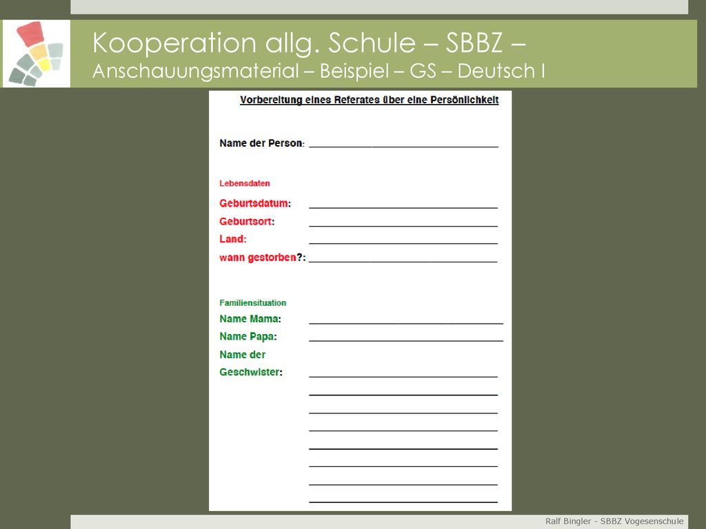 Kooperation allg. Schule – SBBZ – Anschauungsmaterial – Beispiel – GS – Deutsch I