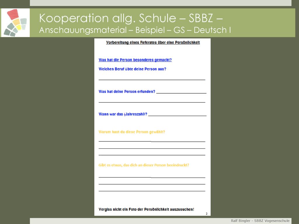 Kooperation allg. Schule – SBBZ – Anschauungsmaterial – Beispiel – GS – Deutsch I