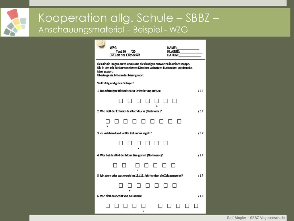 Kooperation allg. Schule – SBBZ – Anschauungsmaterial – Beispiel - WZG
