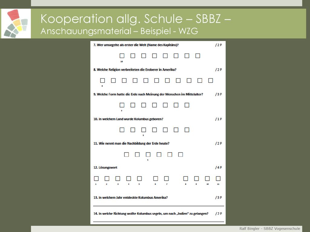 Kooperation allg. Schule – SBBZ – Anschauungsmaterial – Beispiel - WZG