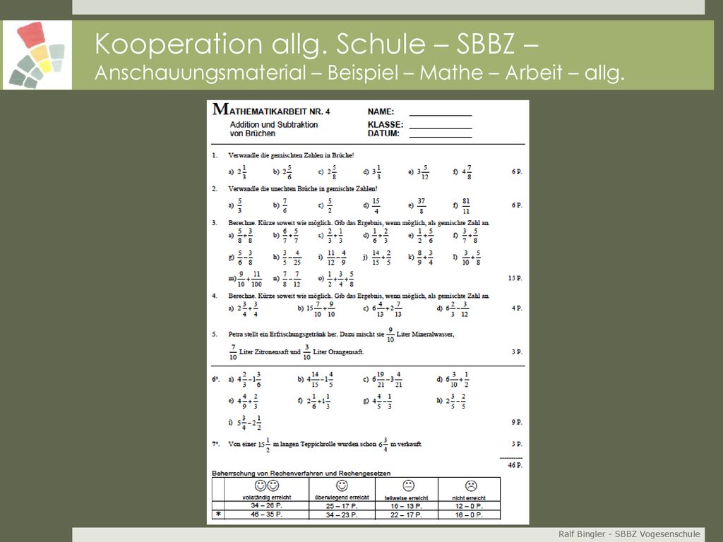 Kooperation allg. Schule – SBBZ – Anschauungsmaterial – Beispiel – Mathe – Arbeit – allg.