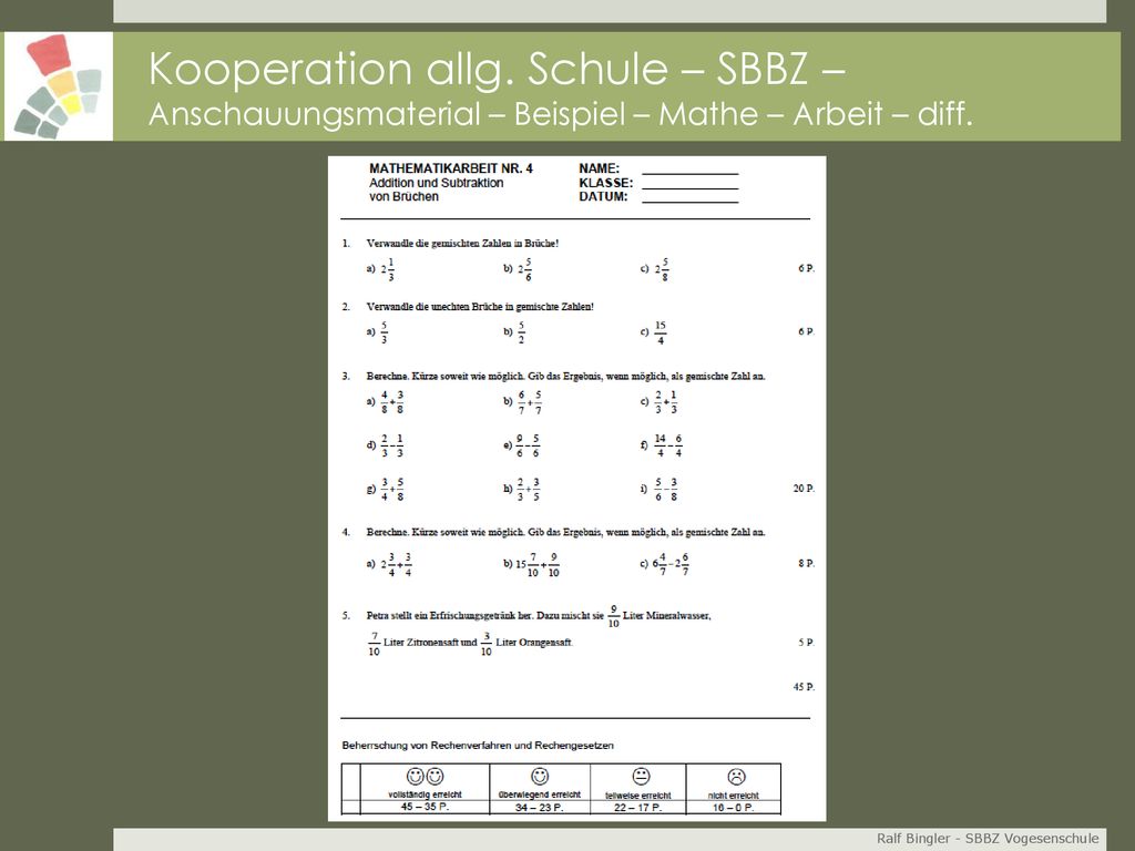 Kooperation allg. Schule – SBBZ – Anschauungsmaterial – Beispiel – Mathe – Arbeit – diff.