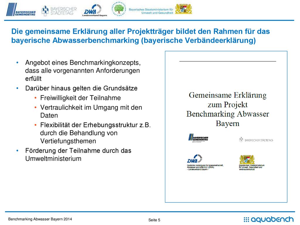 Die gemeinsame Erklärung aller Projektträger bildet den Rahmen für das bayerische Abwasserbenchmarking (bayerische Verbändeerklärung)