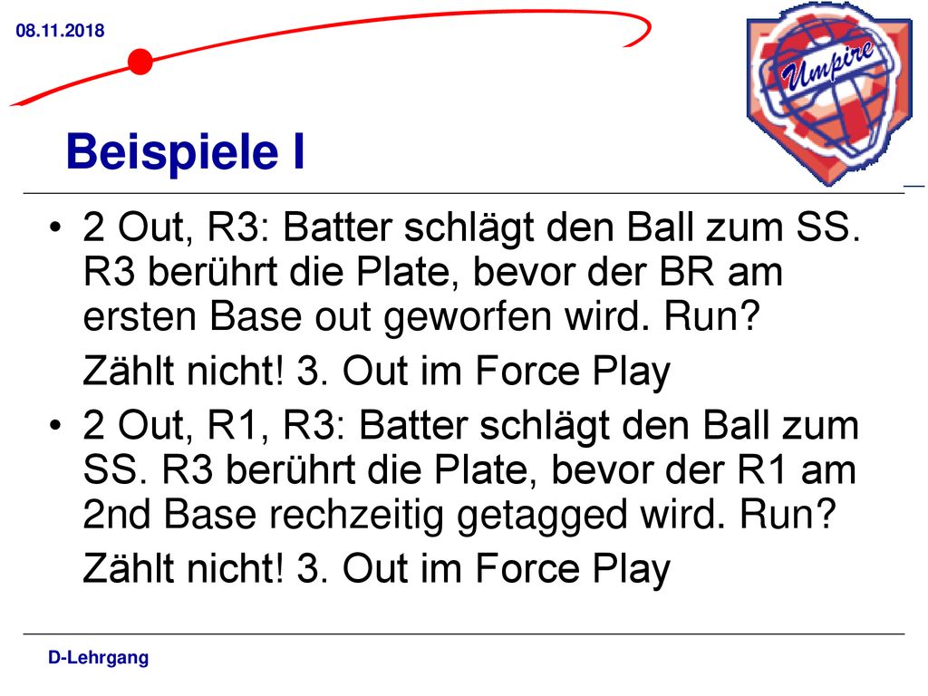 Beispiele I. 2 Out, R3: Batter schlägt den Ball zum SS. R3 berührt die Plate, bevor der BR am ersten Base out geworfen wird. Run
