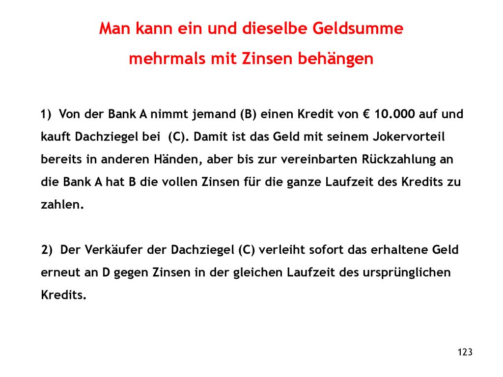 Man kann ein und dieselbe Geldsumme mehrmals mit Zinsen behängen