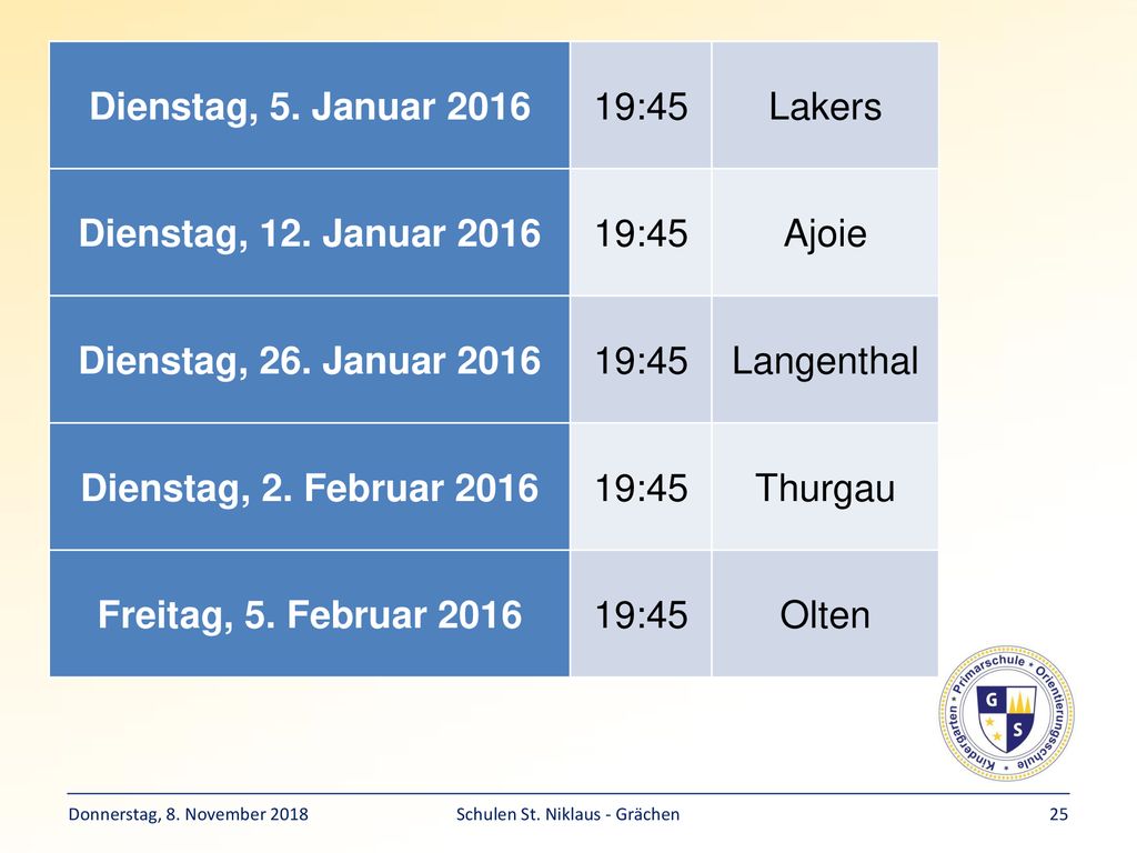Dienstag, 5. Januar :45 Lakers Dienstag, 12. Januar 2016 Ajoie