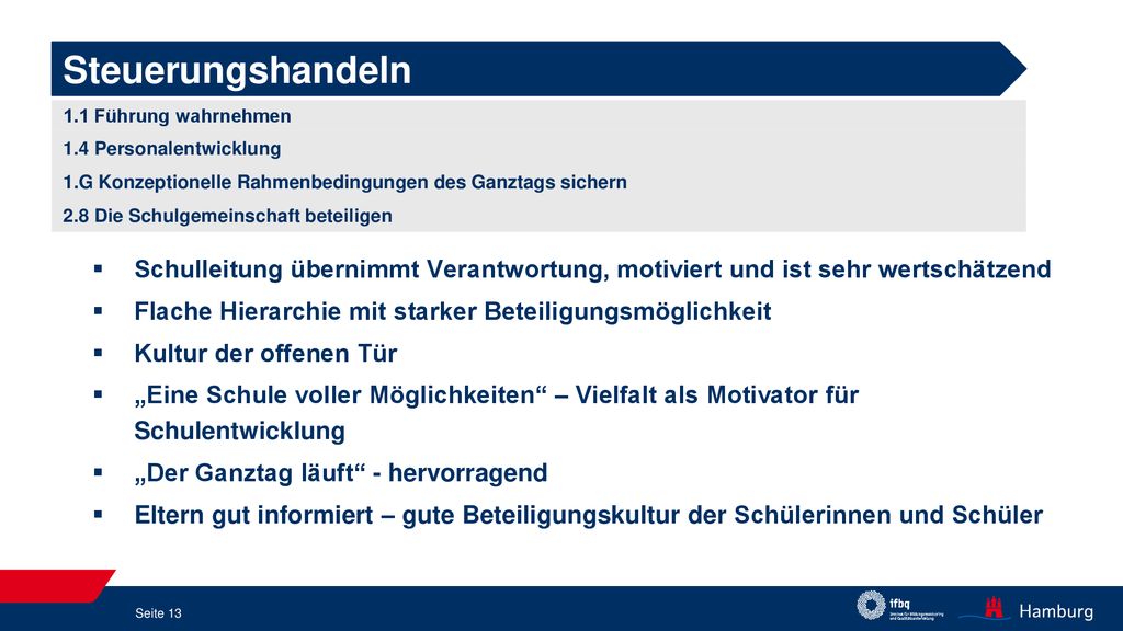 Steuerungshandeln 1.1 Führung wahrnehmen. 1.4 Personalentwicklung. 1.G Konzeptionelle Rahmenbedingungen des Ganztags sichern.